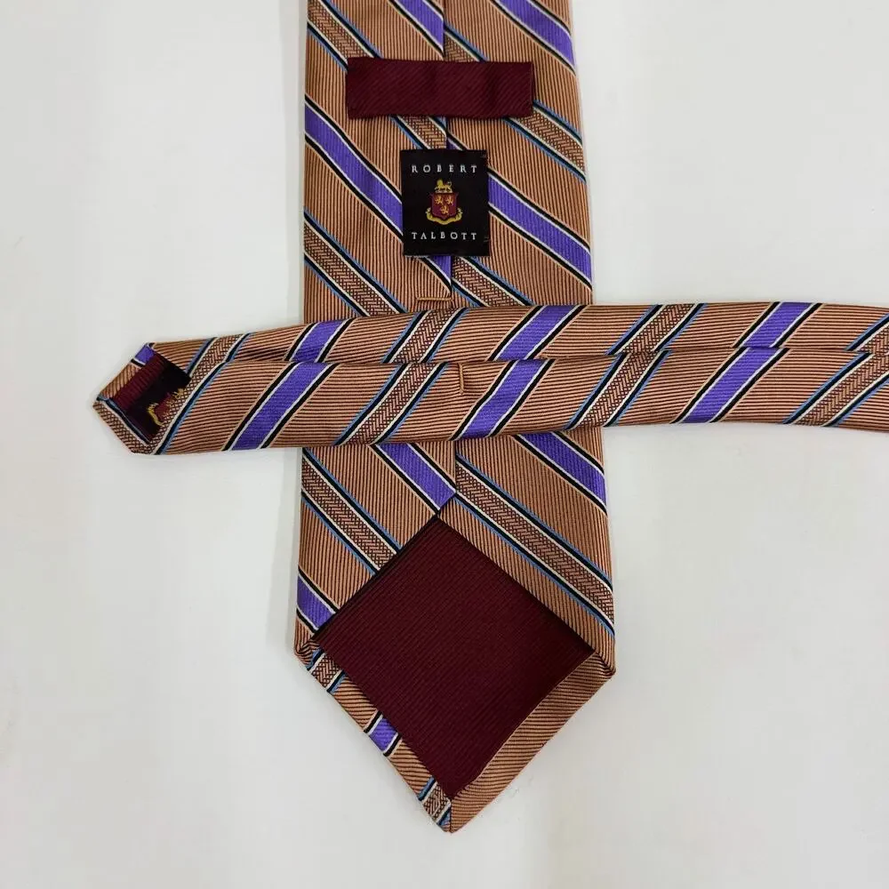Robert Talbott Tan Purple Blue Stripe 100% Silk Tie Men's Repp Striped Classic U
